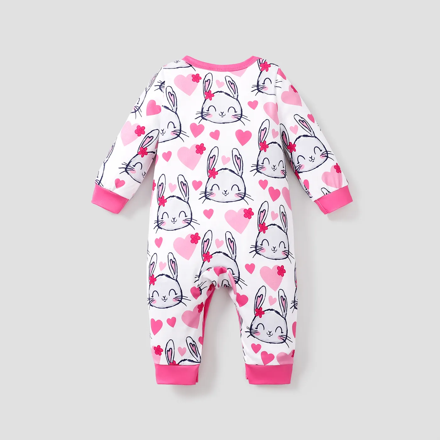 Baby Girl Bunny and Heart Print Long Sleeve Jumpsuit Pink image 2
