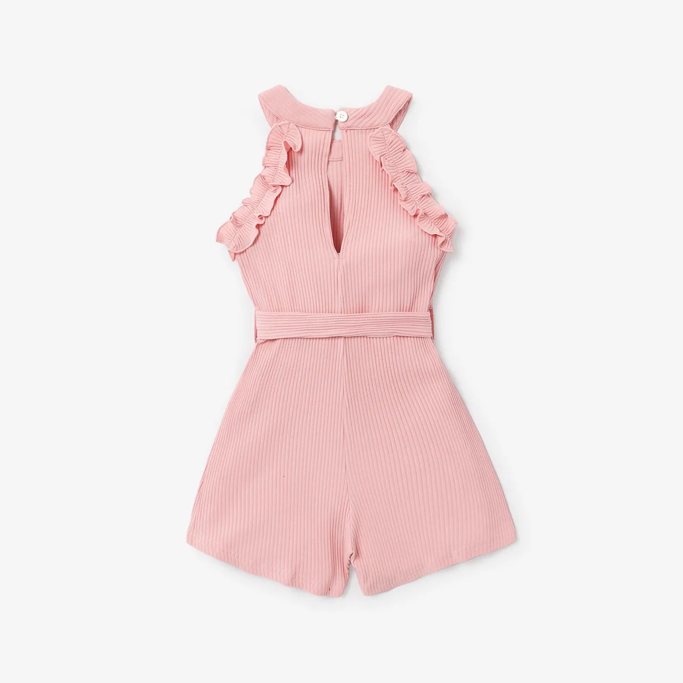 Kid Girl Ribbed Ruffle Halter Belted Romper Pink image 2