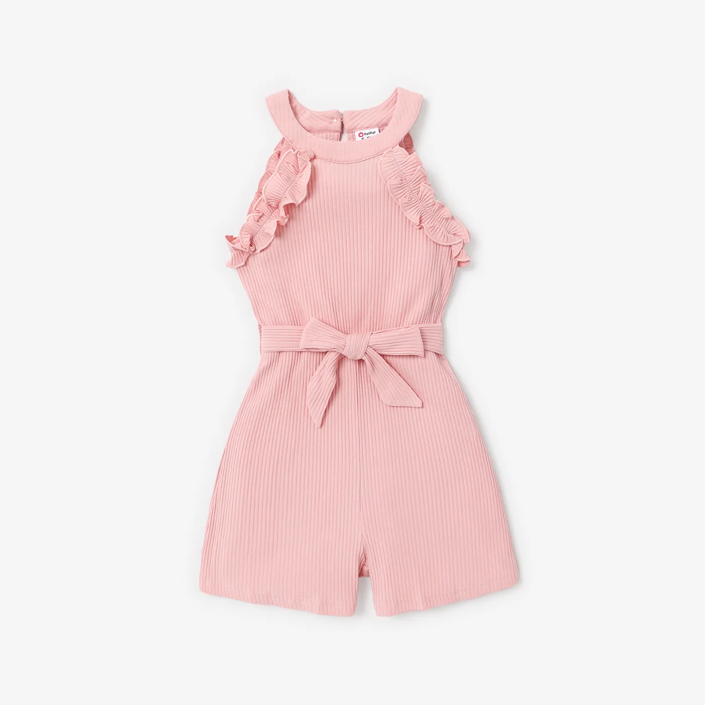 Kid Girl Ribbed Ruffle Halter Belted Romper Pink big image 1
