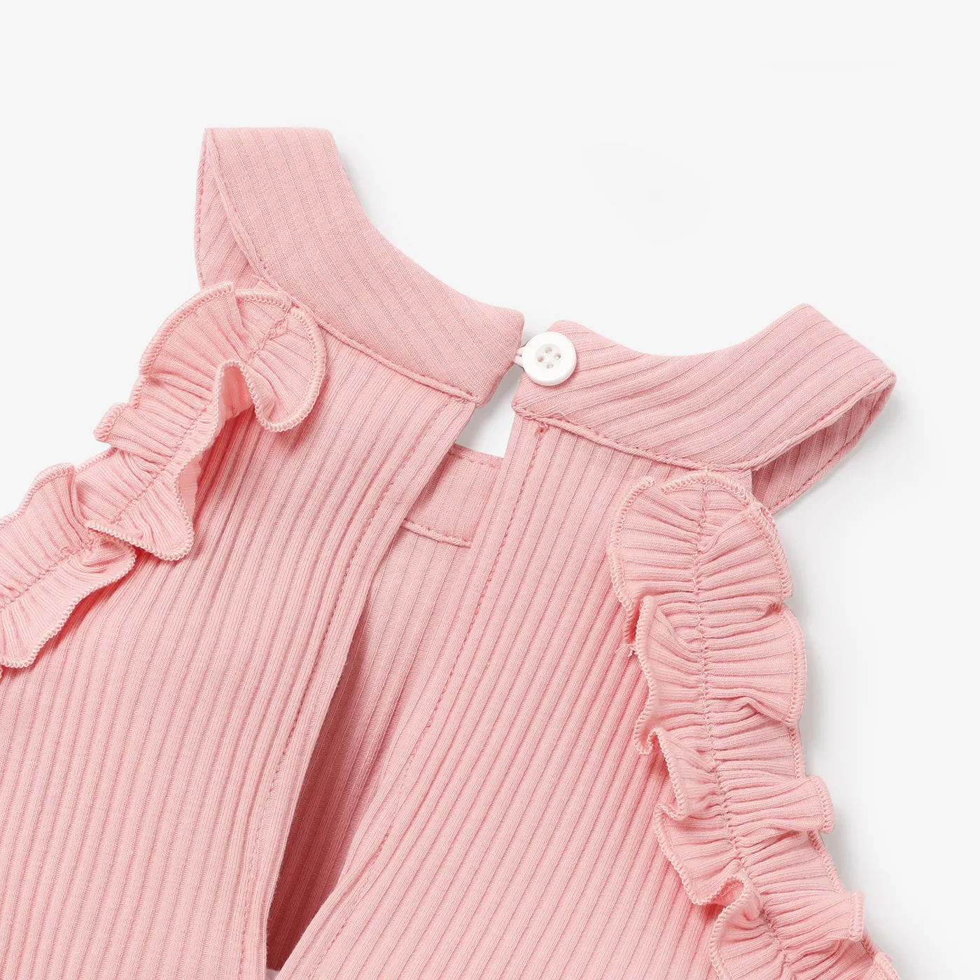 Kid Girl Ribbed Ruffle Halter Belted Romper Pink image 3
