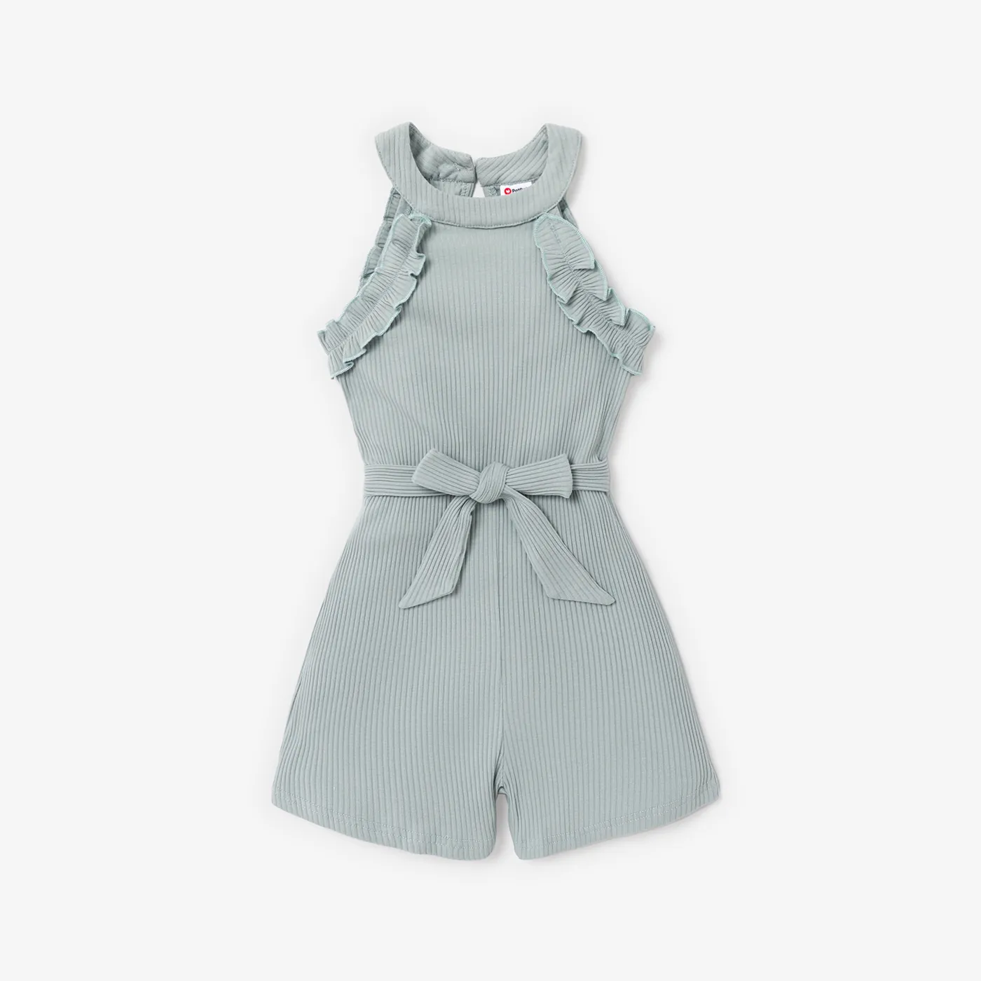 Kid Girl Ribbed Ruffle Halter Belted Romper Green