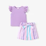 2pcs Toddler Girl Sweet Flutter-sleeve Tee and Stripe Belted Shorts Set Light Purple
