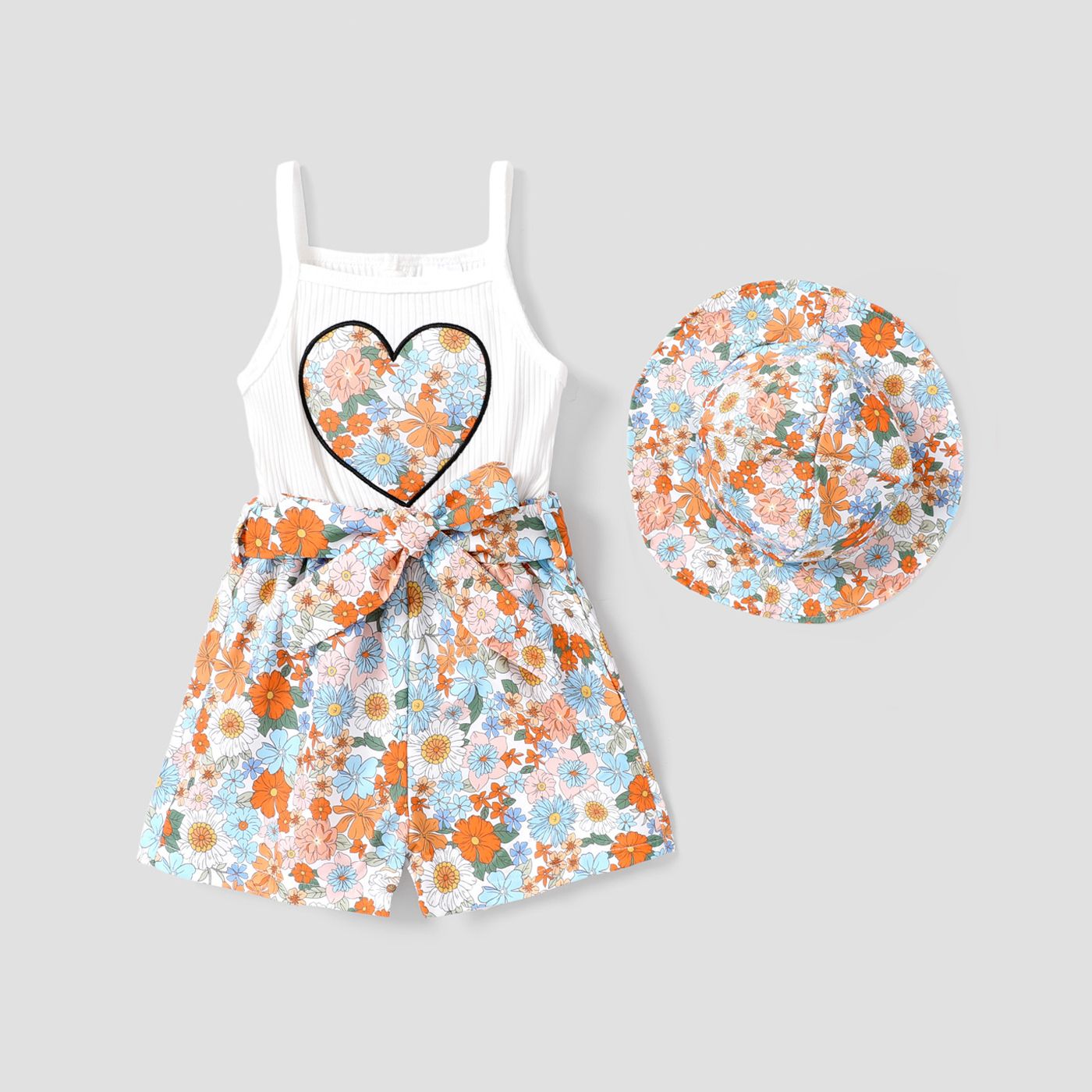 

2pcs Toddler Girl Floral Print Heart Embroidered Belted Cami Romper with Hat