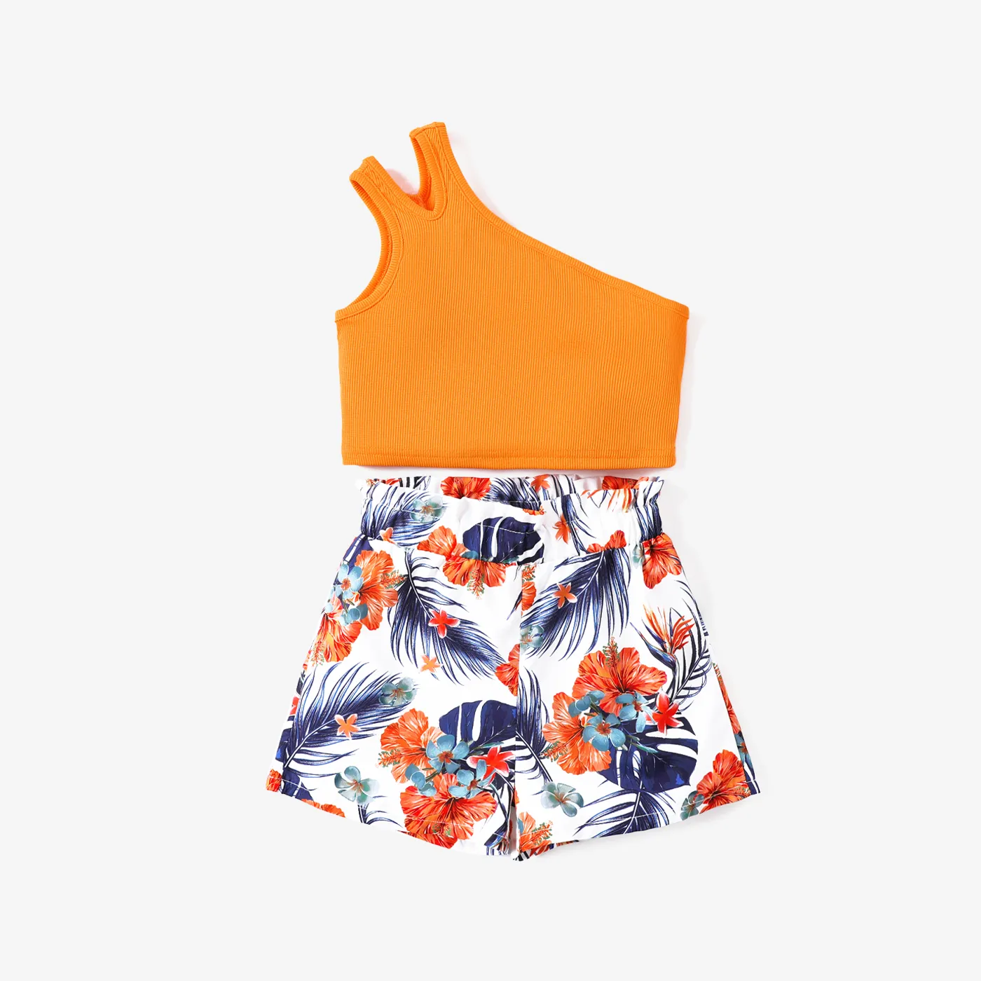 2pcs Kid Girl Ribbed One-Shoulder Top and Allover Flower Print Shorts Set