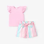 2pcs Toddler Girl Sweet Flutter-sleeve Tee and Stripe Belted Shorts Set Pink