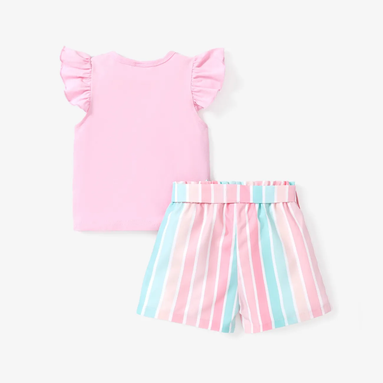 2pcs Toddler Girl Sweet Flutter-sleeve Tee and Stripe Belted Shorts Set Pink big image 1