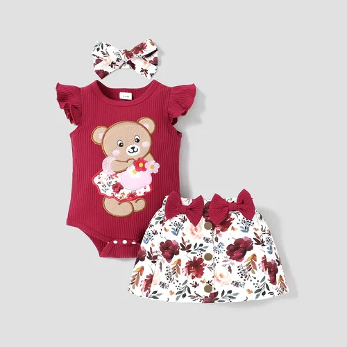 3pcs Baby Girl 95% Cotton Flutter-sleeve Bear Embroidered Romper and Bow Front Floral Print Skirt & Headband Set