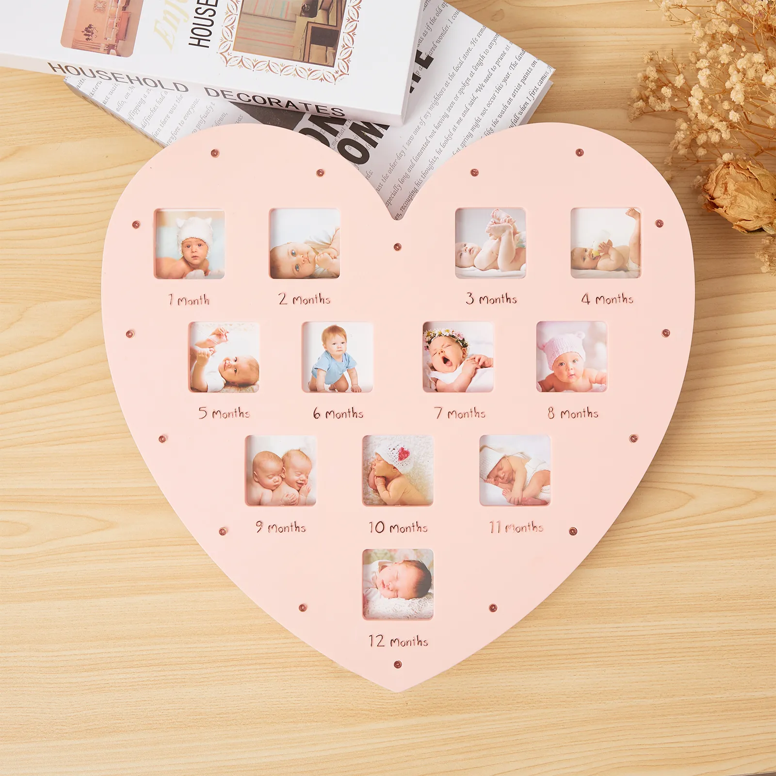 LED Heart-shaped Baby Growth Record 12-month Photo Frame Pink
