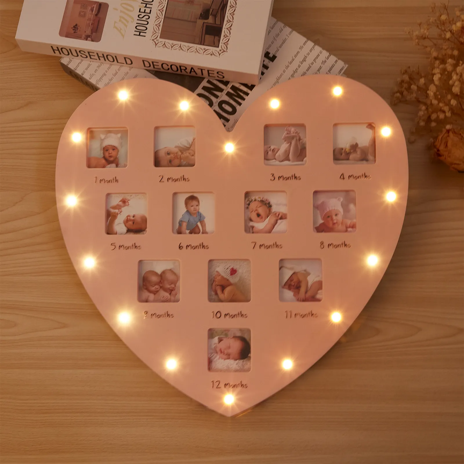 LED Heart-shaped Baby Growth Record 12-month Photo Frame