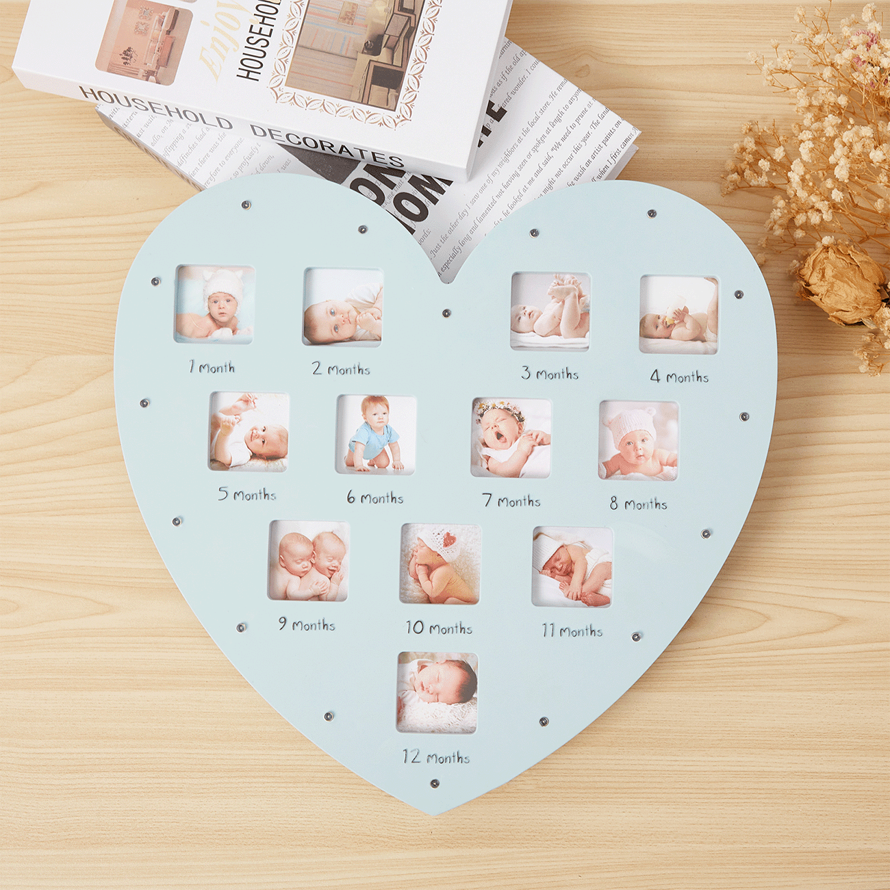 LED-herzförmiger Babywachstumsaufzeichnungs-12-Monats-Fotorahmen