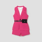 4pcs Toddler Girl Trendy Sleeveless Tee & Shorts & Lapel Collar Coat and Belted Waist Bag Set Roseowhite