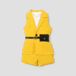 4pcs Toddler Girl Trendy Sleeveless Tee & Shorts & Lapel Collar Coat and Belted Waist Bag Set Yellow
