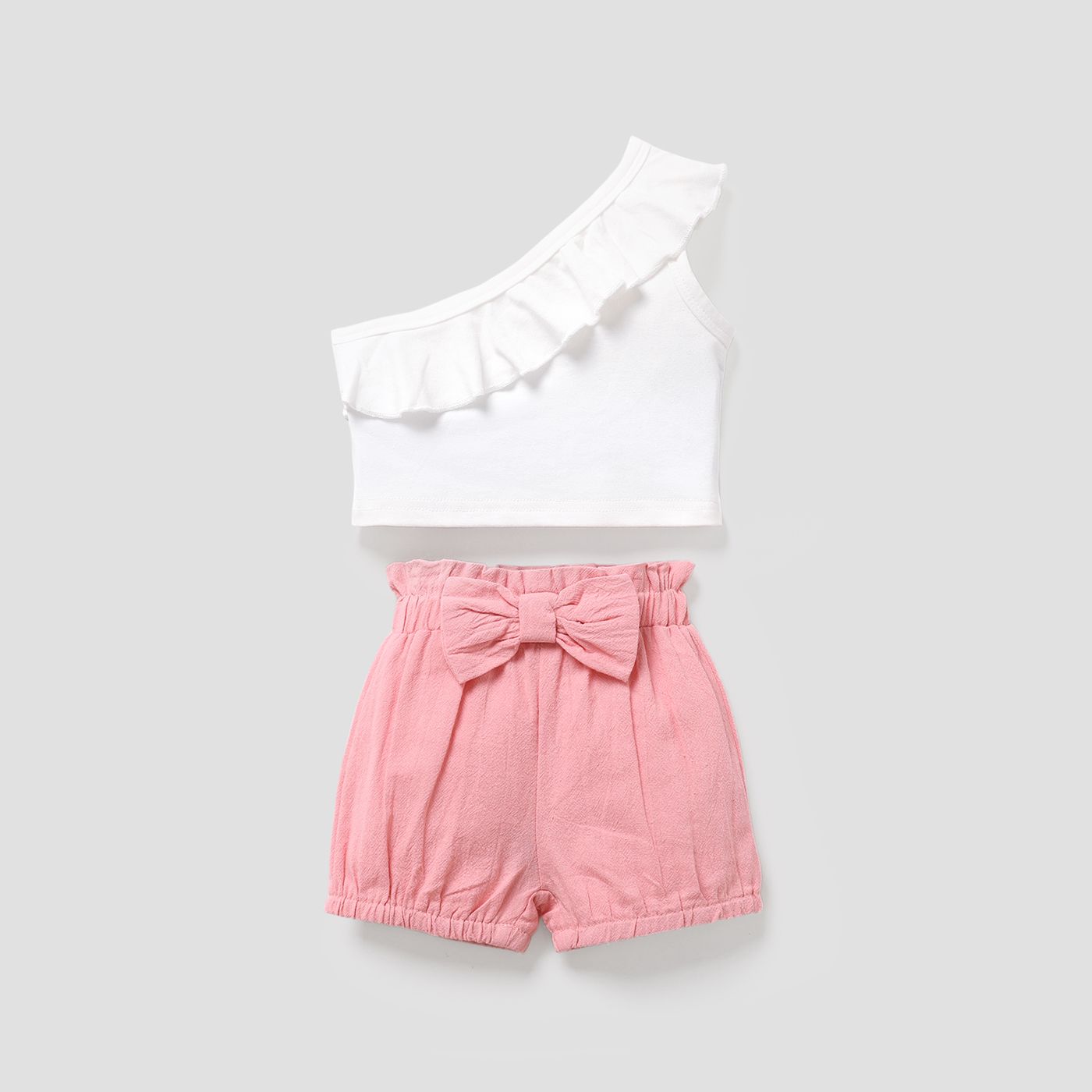 2pcs Baby Girl Solid One Shoulder Sleeveless Ruffle Top And Bloomers Shorts Set
