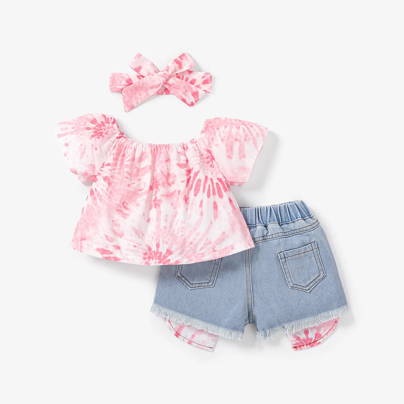 3pcs Toddler Girl Tie Dye Top & Headband & Ripped Denim Shorts Set  Pink big image 1