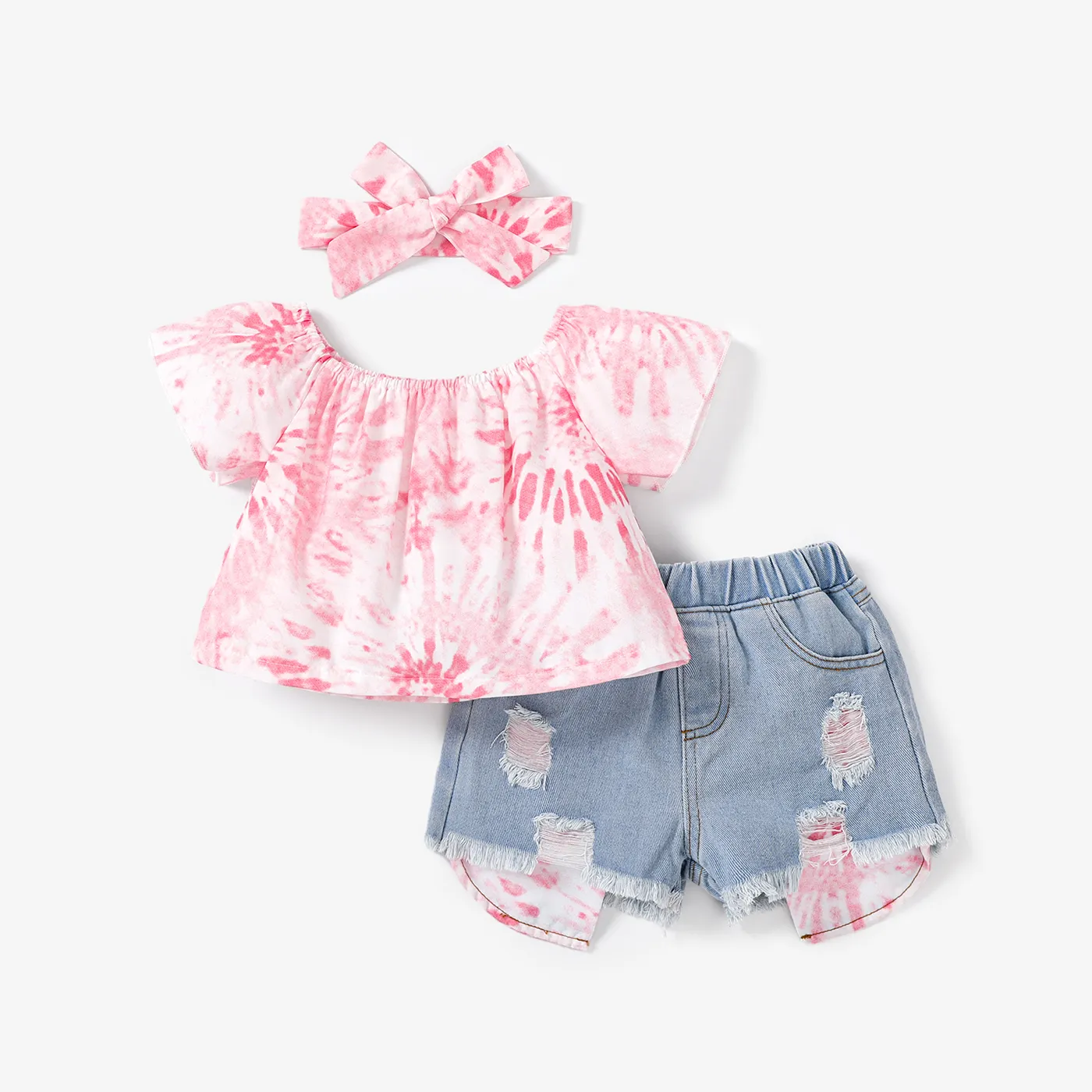 3pcs Toddler Girl Tie Dye Top & Headband & Ripped Denim Shorts Set 