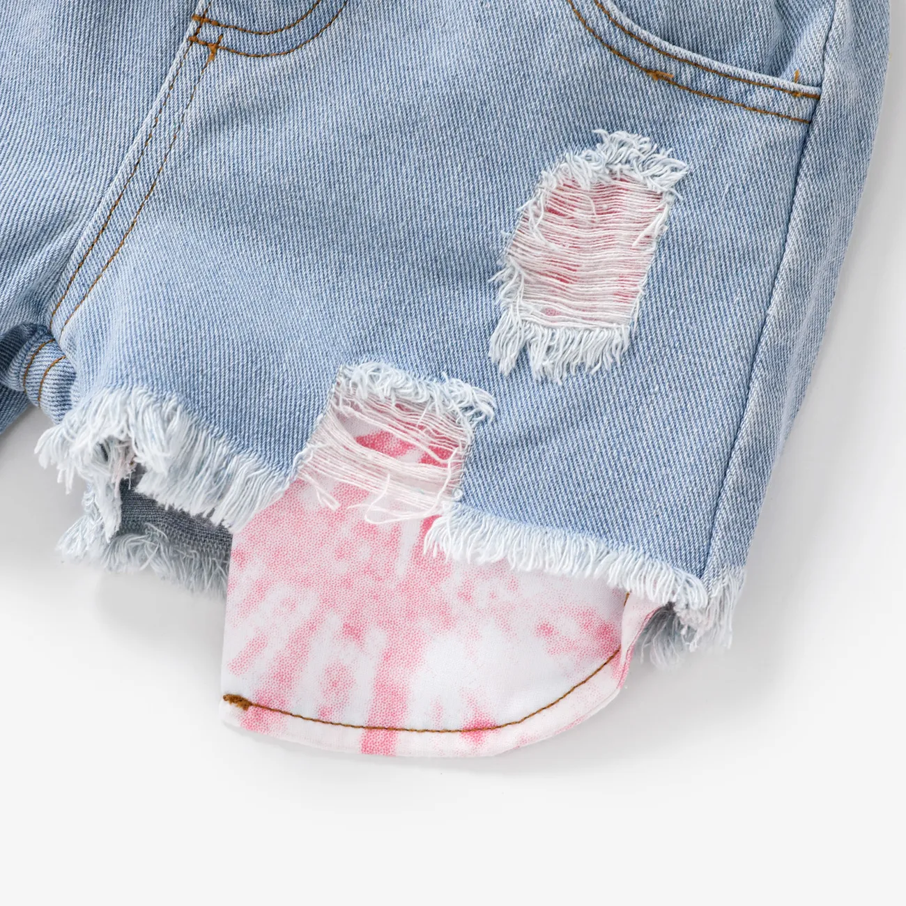 3pcs Toddler Girl Tie Dye Top & Headband & Ripped Denim Shorts Set  Pink big image 1