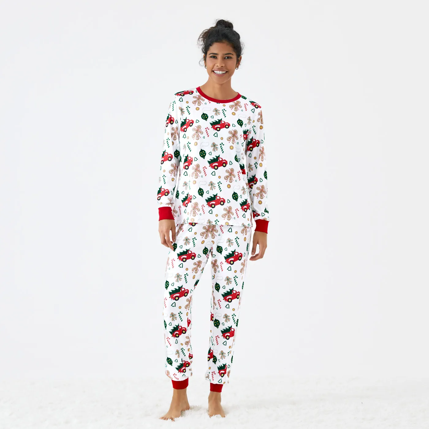 Christmas Family Matching Allover Red Truck  Candy Cane Gingerbread Man Print Long-sleeve Pajamas Sets (Flame Resistant)