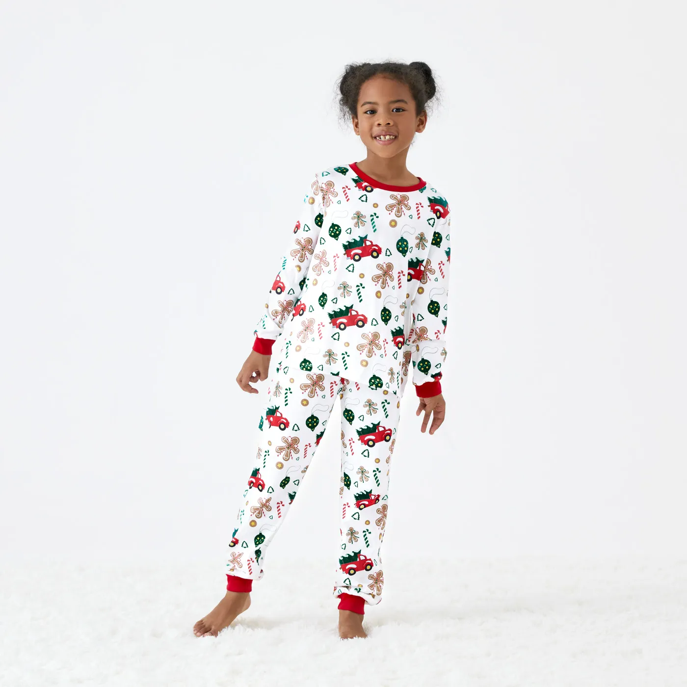 

Christmas Family Matching Allover Red Truck Candy Cane Gingerbread Man Print Long-sleeve Pajamas Sets (Flame Resistant)