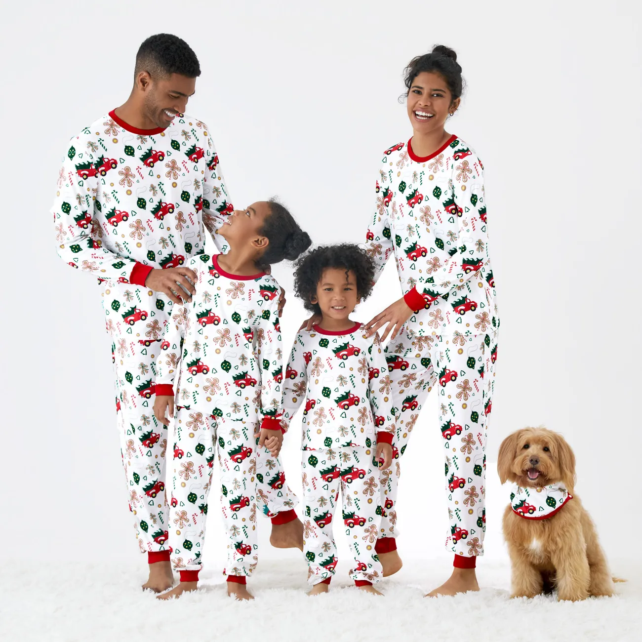 Christmas Family Matching Allover Red Truck  Candy Cane Gingerbread Man Print Long-sleeve Pajamas Sets (Flame Resistant) White big image 1