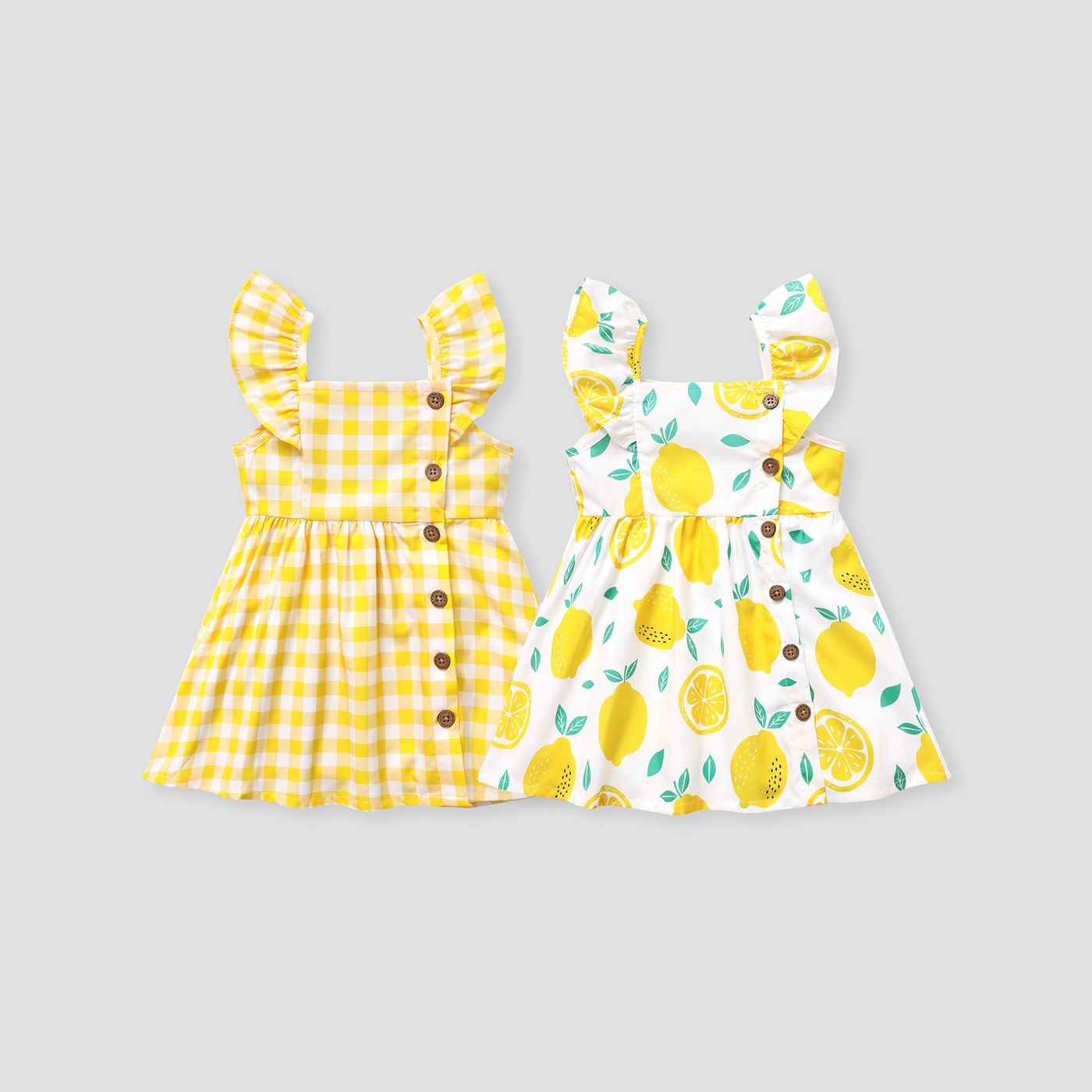 Toddler Girl Button Design Lemon Print/Plaid Flutter-sleeve Dress
