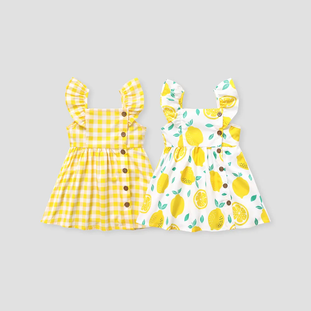 Toddler Girl Button Design Lemon Print/Plaid Flutter-sleeve Dress  big image 1