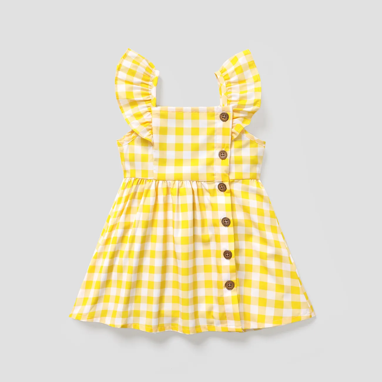 تصميم زر فتاة صغيرة بطبعة الليمون / فستان منقوش بأكمام رفرفة الأصفر big image 1