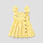 Toddler Girl Button Design Lemon Print/Plaid Flutter-sleeve Dress Yellow