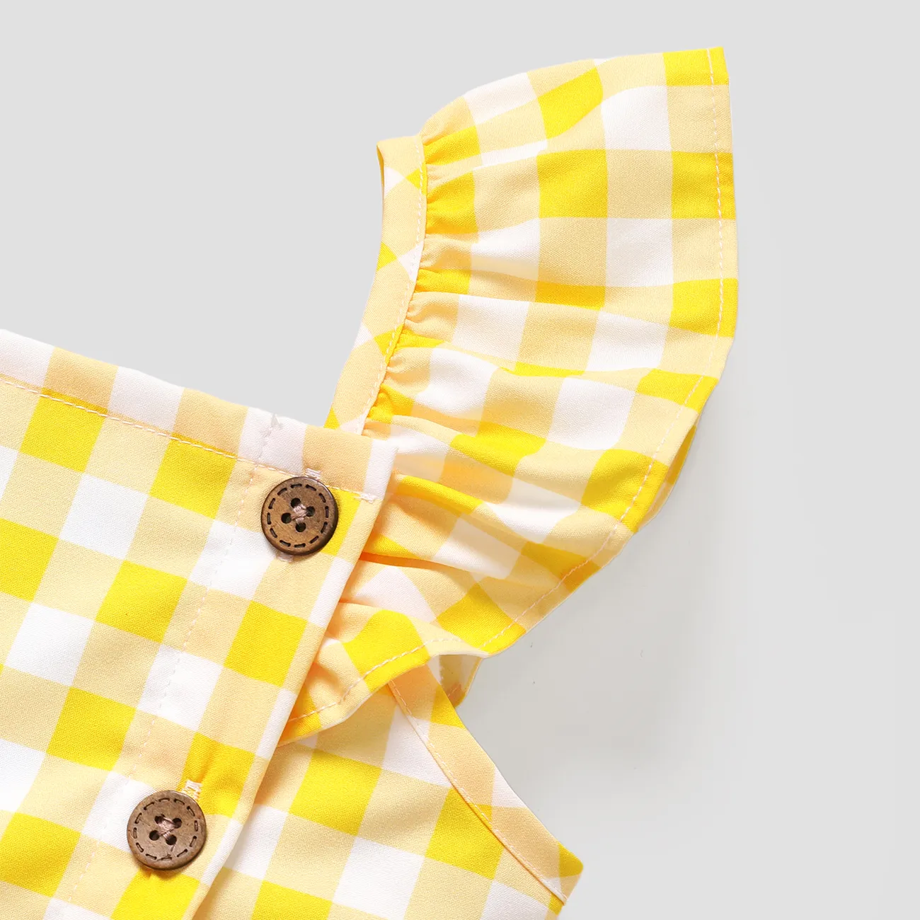 Toddler Girl Button Design Lemon Print/Plaid Flutter-sleeve Dress Yellow big image 1