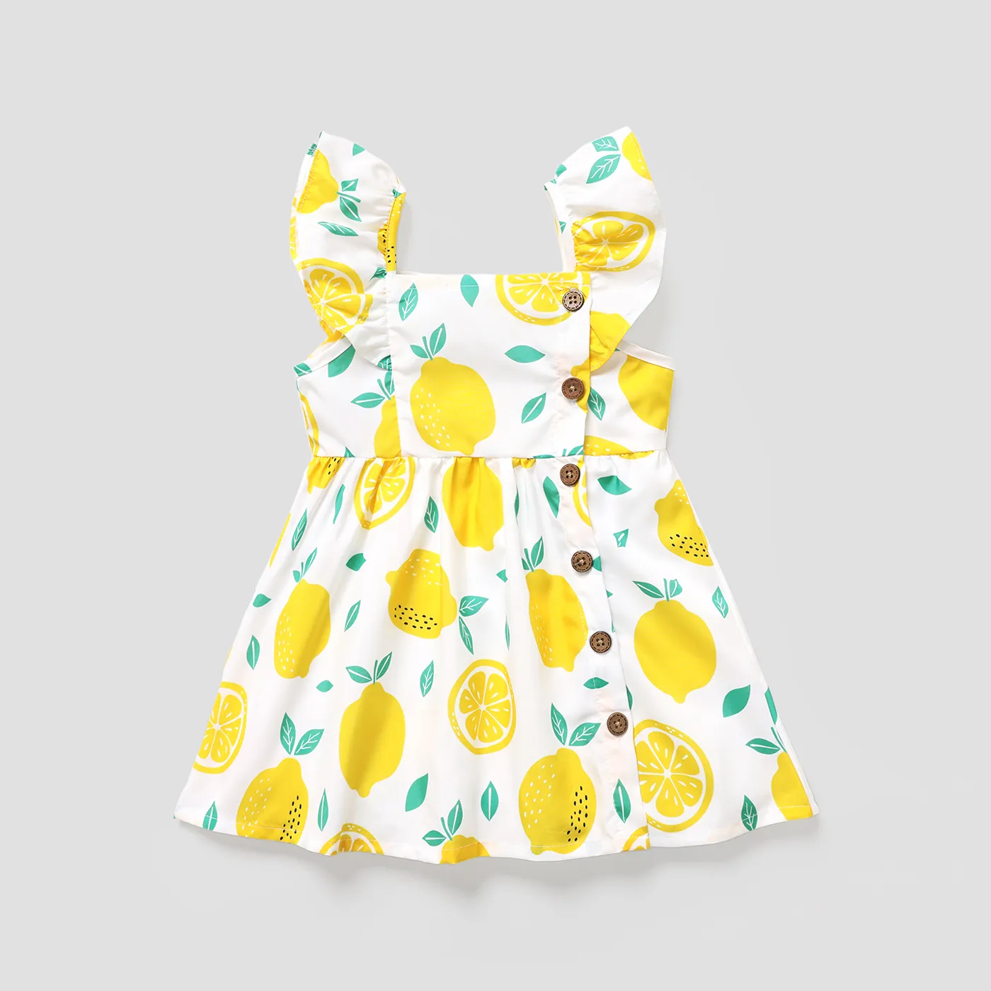 Toddler Girl Button Design Lemon Print/Plaid Flutter-sleeve Dress  image 2