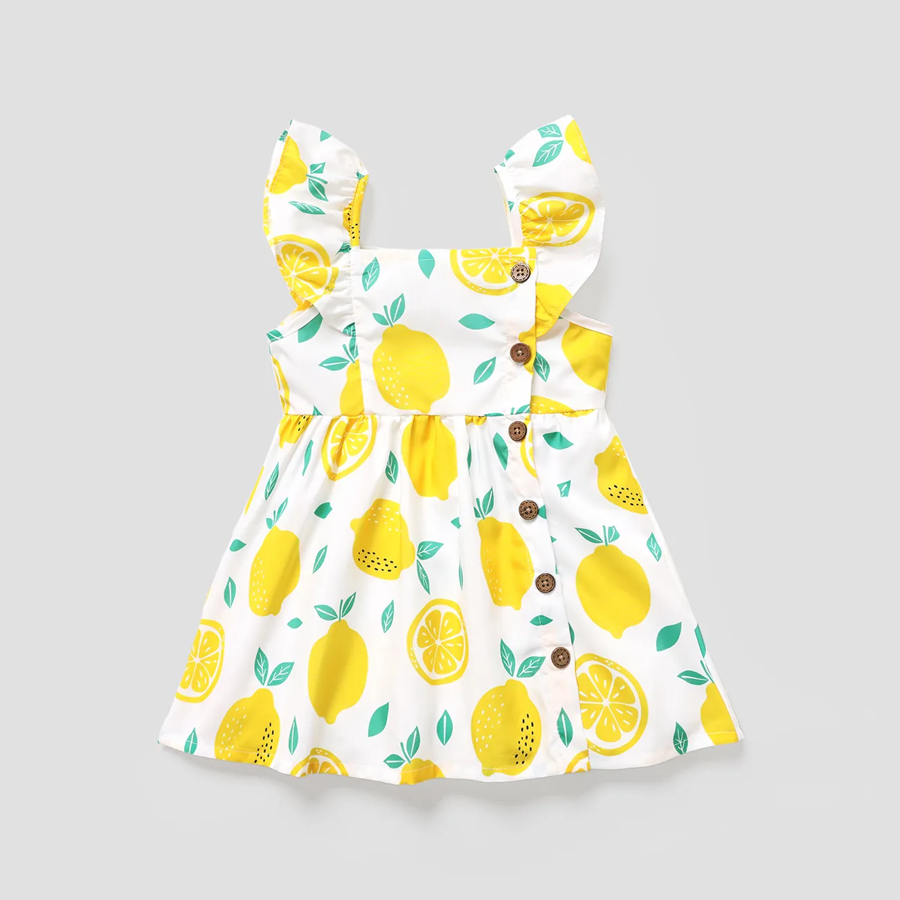 تصميم زر فتاة صغيرة بطبعة الليمون / فستان منقوش بأكمام رفرفة أبيض big image 1