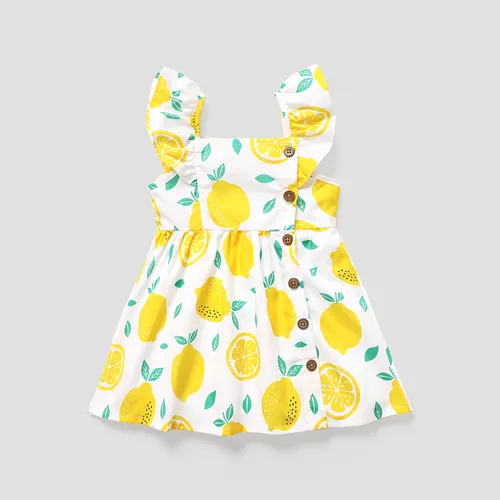 Toddler Girl Button Design Lemon Print/Plaid Flutter-sleeve Dress