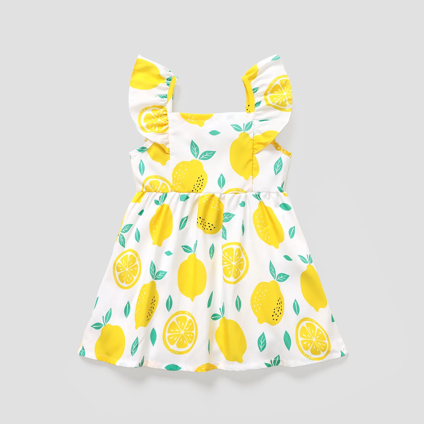 Toddler Girl Button Design Lemon Print/Plaid Flutter-sleeve Dress  image 3