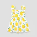 Toddler Girl Button Design Lemon Print/Plaid Flutter-sleeve Dress  image 3