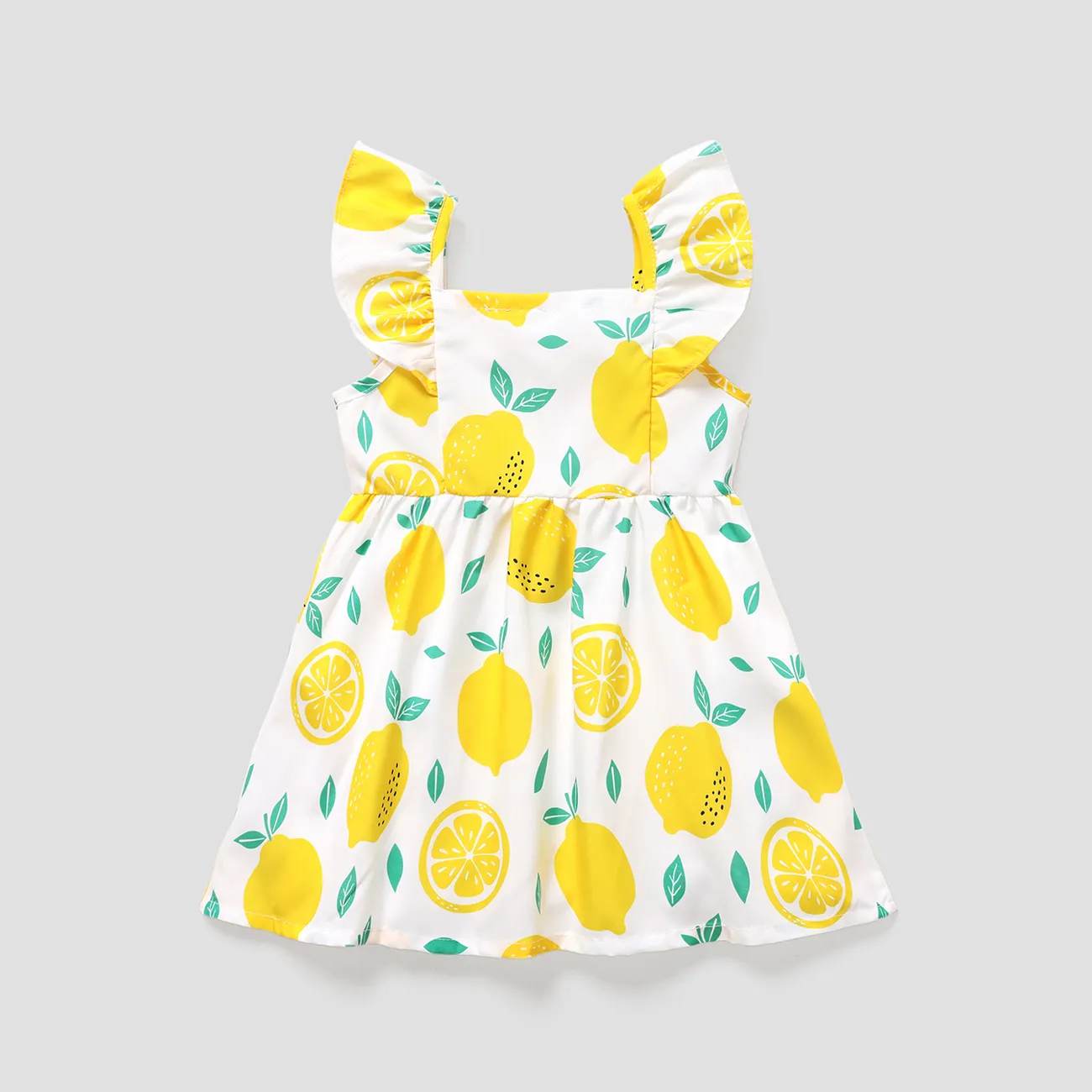 تصميم زر فتاة صغيرة بطبعة الليمون / فستان منقوش بأكمام رفرفة أبيض big image 1