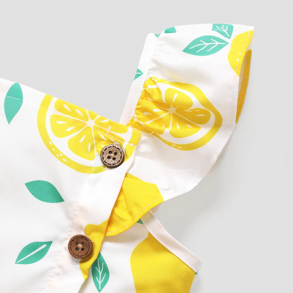 Toddler Girl Button Design Lemon Print/Plaid Flutter-sleeve Dress  big image 4