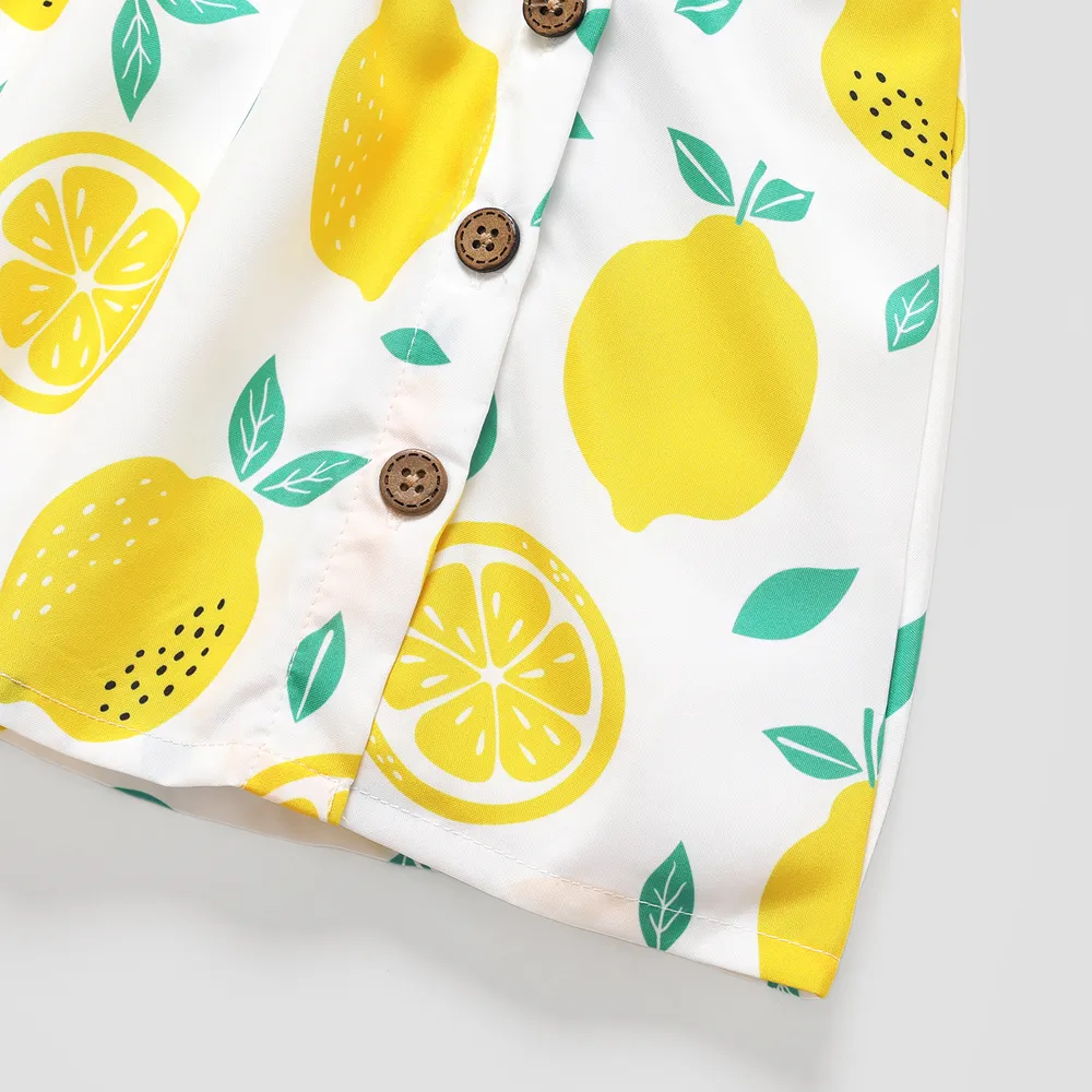 Toddler Girl Button Design Lemon Print/Plaid Flutter-sleeve Dress  big image 5