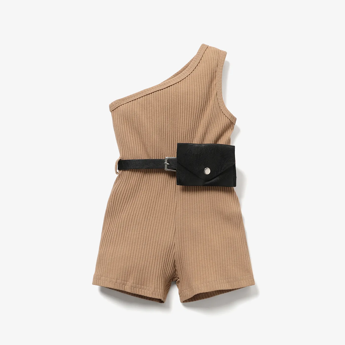 2pcs Toddler Girl Trendy Ribbed One Shoulder Sleeveless Rompers & Waist Bag Khaki big image 1