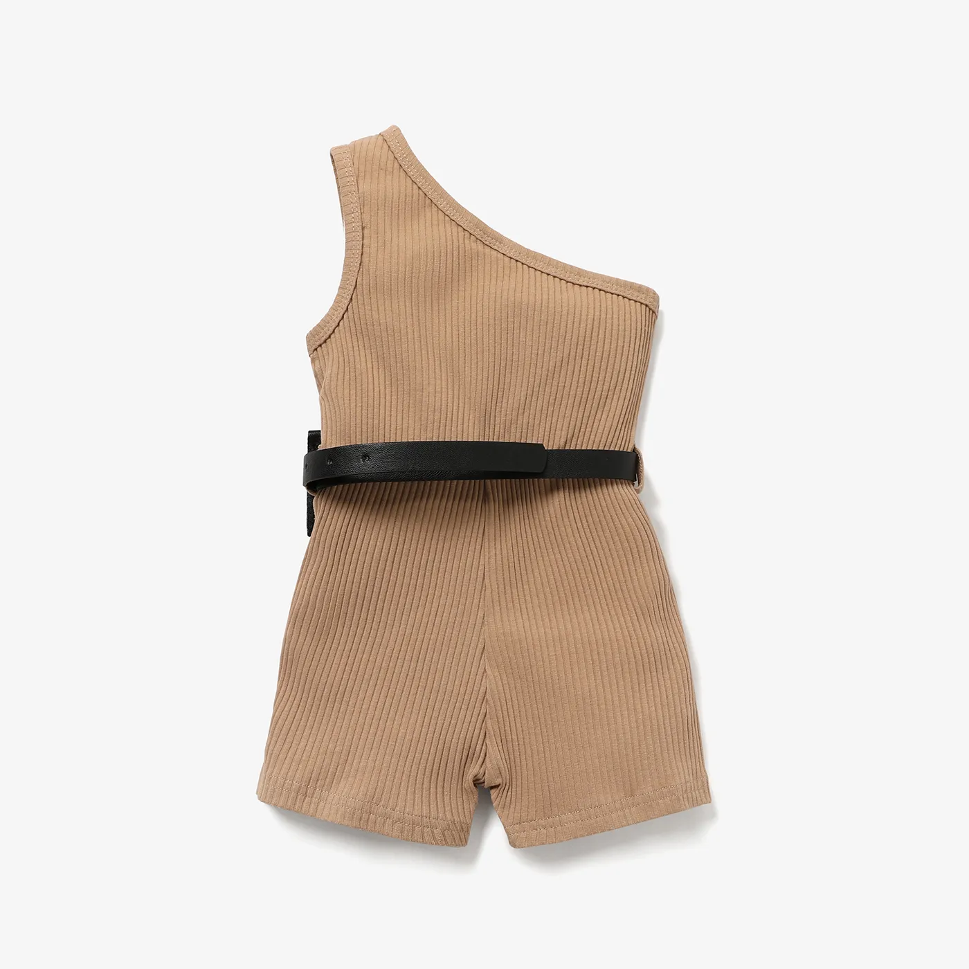 2pcs Toddler Girl Trendy Ribbed One Shoulder Sleeveless Rompers & Waist Bag Khaki image 2