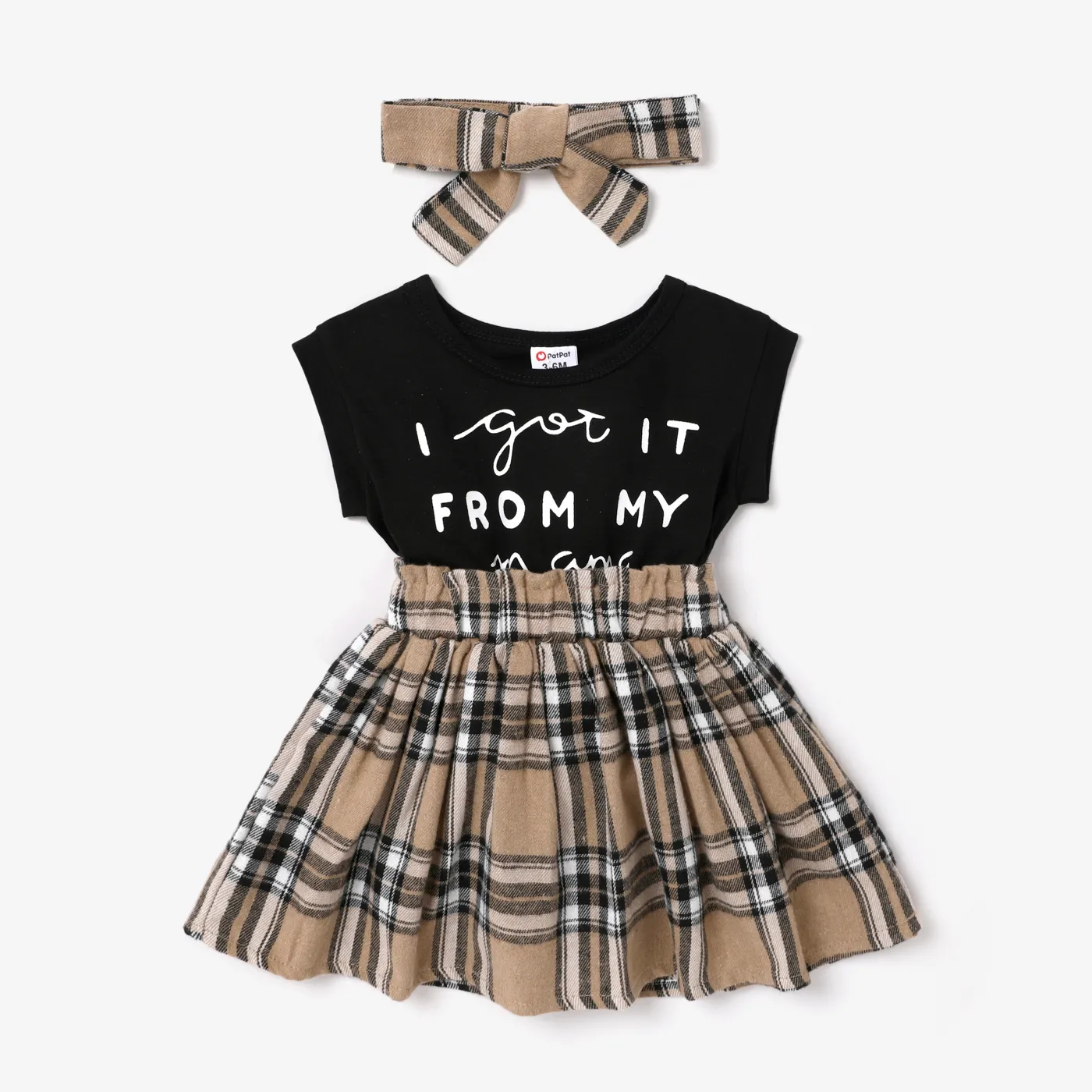 2pcs Baby Girl Short-sleeve Letter Print Spliced Plaid Dress & Headband Set