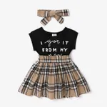 2pcs Baby Girl Short-sleeve Letter Print Spliced Plaid Dress & Headband Set Black