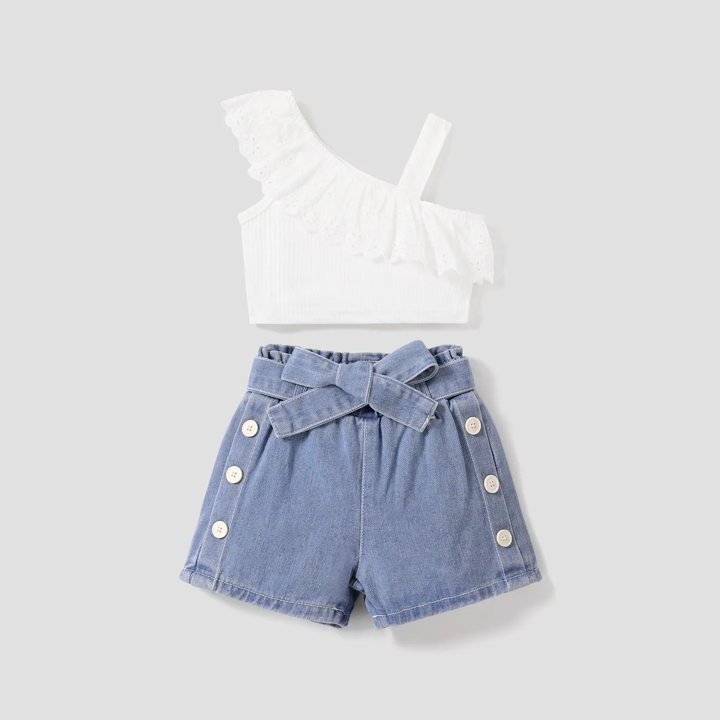 

2pcs Baby Girl 95% Cotton Schiffy One-Shoulder Cami Top and Belted Denim Shorts Set