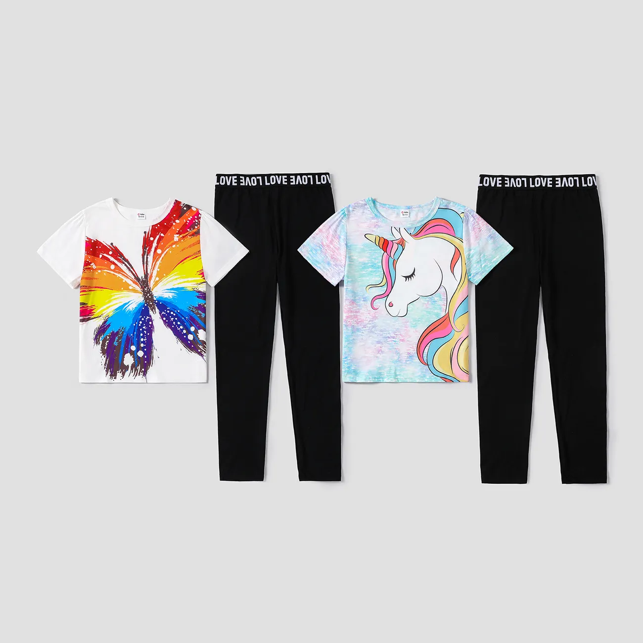 2pcs Kid Girl Unicorn Print Tie Dyed/ Butterfly Print Short-sleeve Tee and Letter Print Black Leggings Set Colorful big image 1