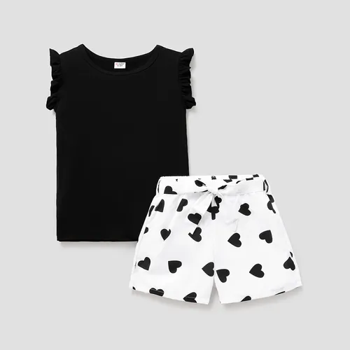 2pcs Kid Girl Flutter-sleeve Tee and Heart Print Belted Shorts Set