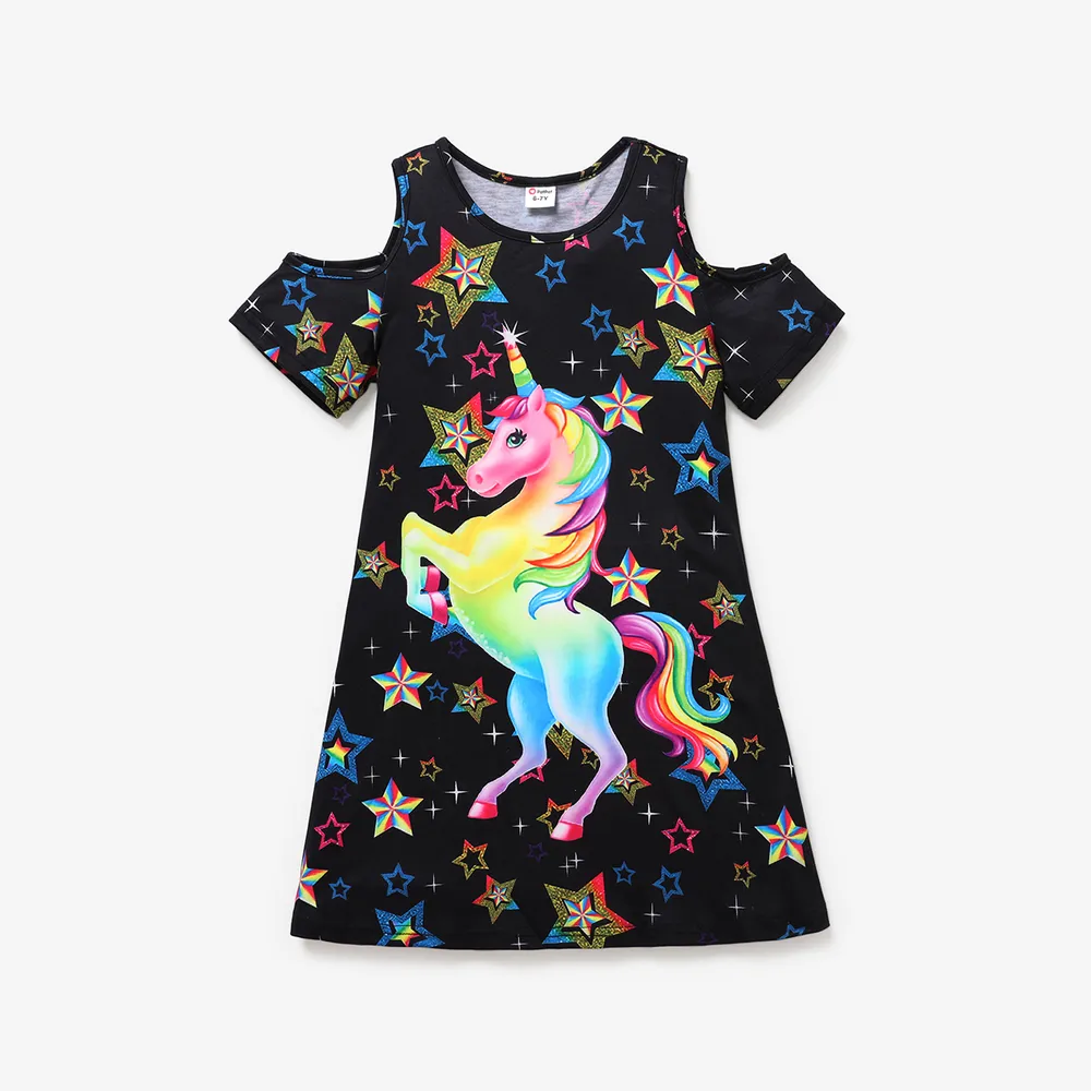 Kid Girl Unicorn Stars Print Cold Shoulder Short-sleeve Dress  big image 1