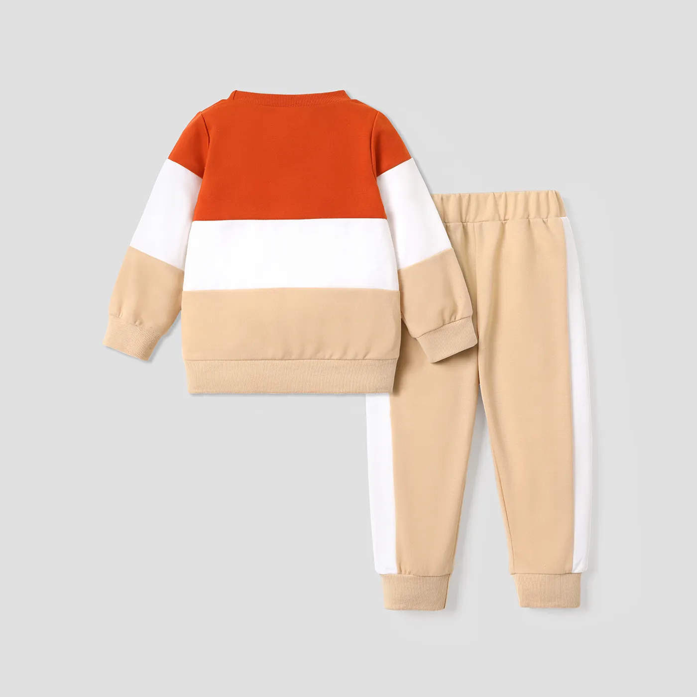 2pcs Toddler Boy Trendy Letter Print Colorblock Sweatshirt and Pants Set Apricot image 2