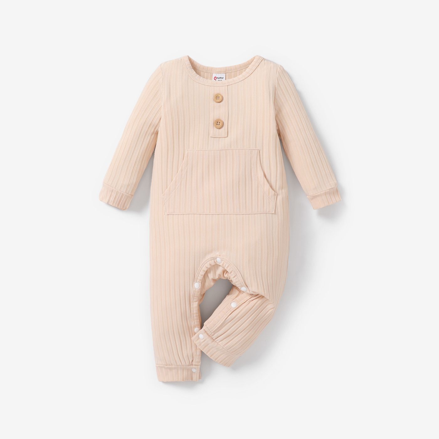 Baby Boy/Girl Solid Ribbed Long-sleeve Jumpsuit With Pocket
