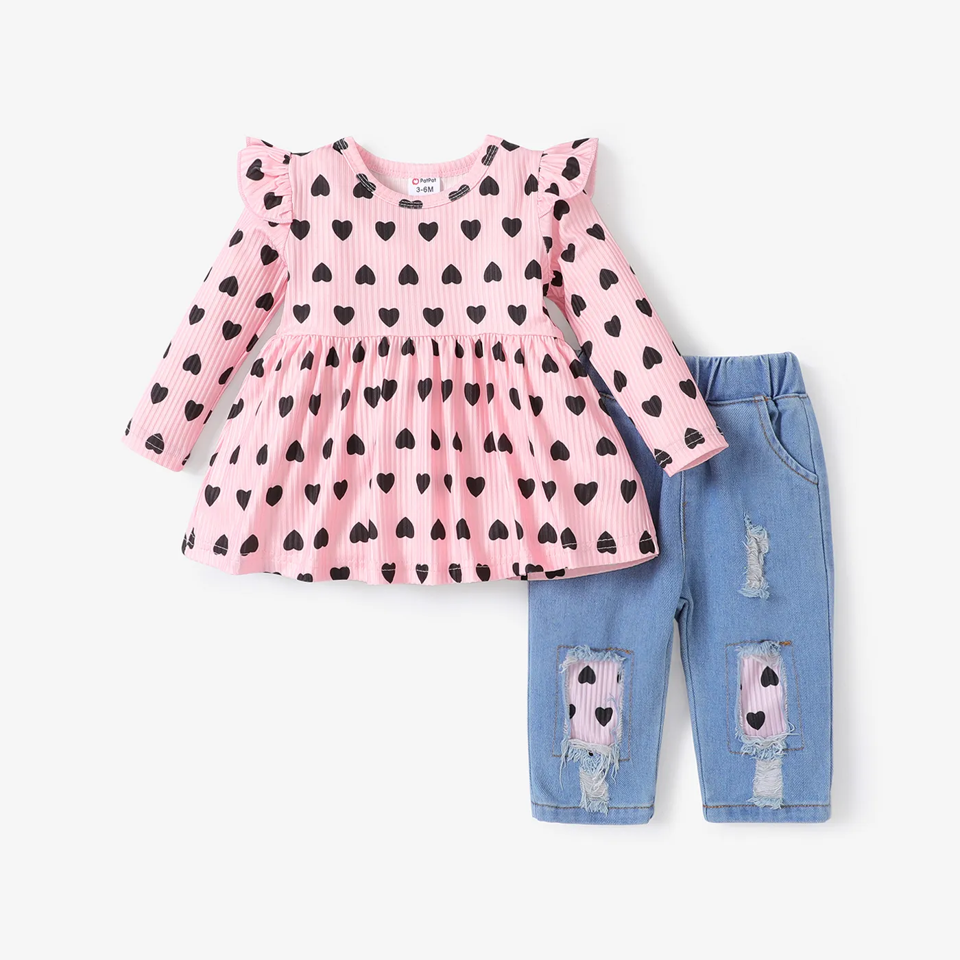 2pcs Baby Girl Sweet Heart-shaped Ruffled Long Sleeve Tshirt and Jean Set