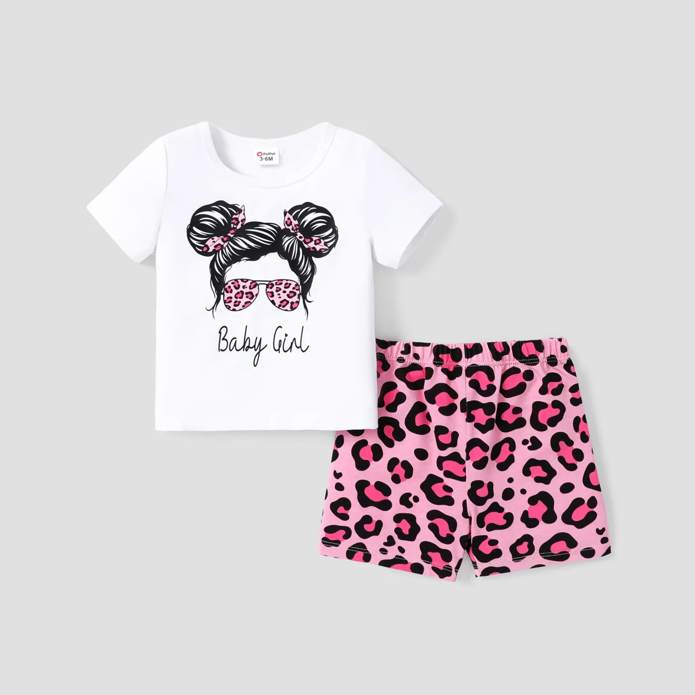 

2pcs Baby Girl Figure Print Short-sleeve Top and Leopard Shorts Set