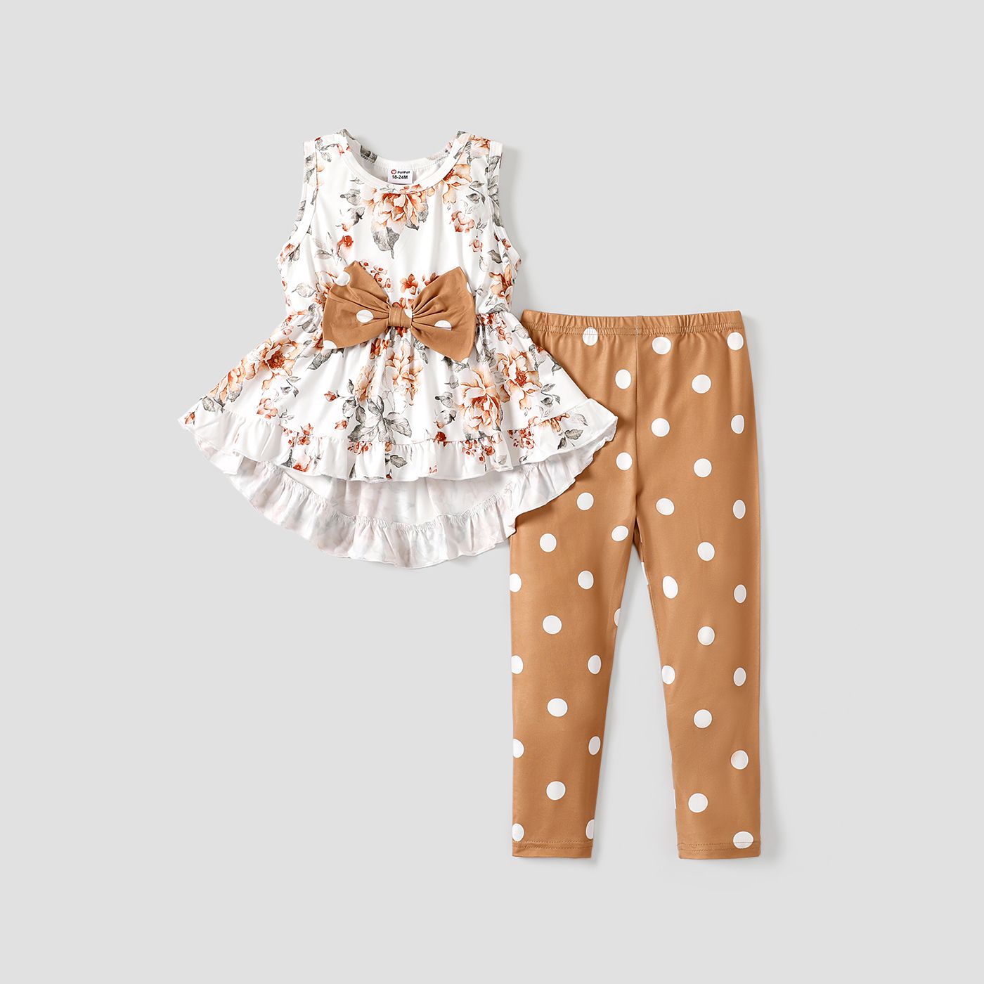 2-piece Toddler Girl Floral Print Bowknot Design Ruffled High Low Sleeveless Tee And Polka Dots Pants Set