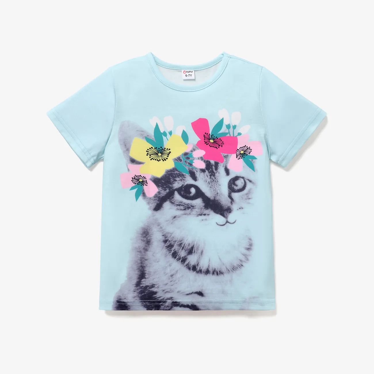 Kid Girl Animal Cat Floral Print Short-sleeve Tee Light Blue big image 1